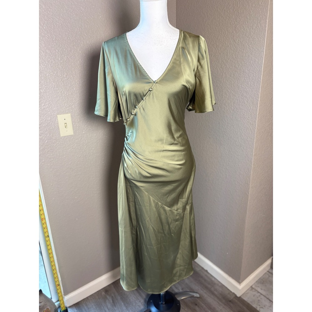 Cider Olive Green Satin V-Neck Ruched‎ Midi Dress Short Flutter Sleeve Womens M